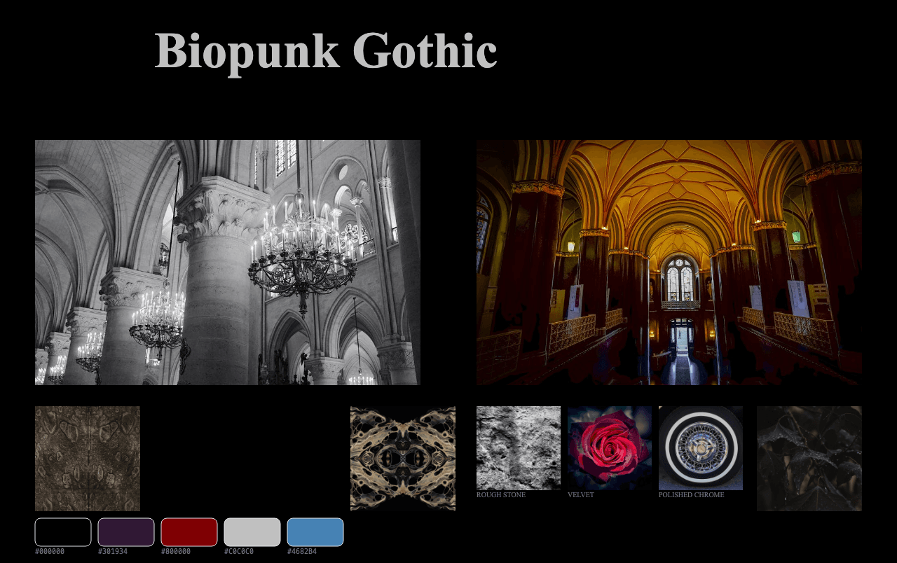 Complete Biopunk Gothic moodboard layout with reference images and color palette