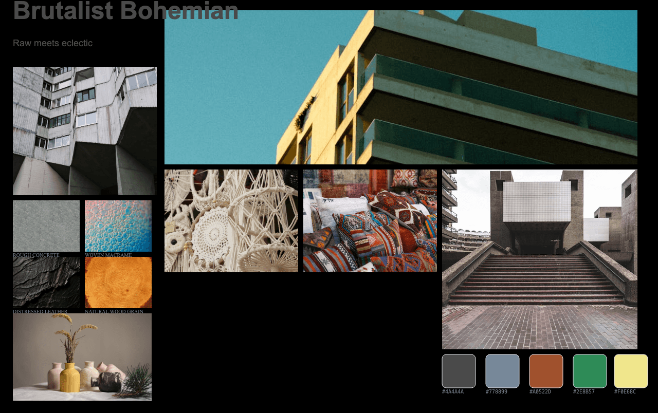 Complete Brutalist Bohemian moodboard layout with reference images and color palette
