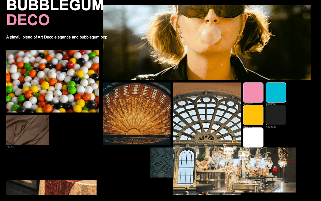 Complete Bubblegum Deco moodboard layout with reference images and color palette