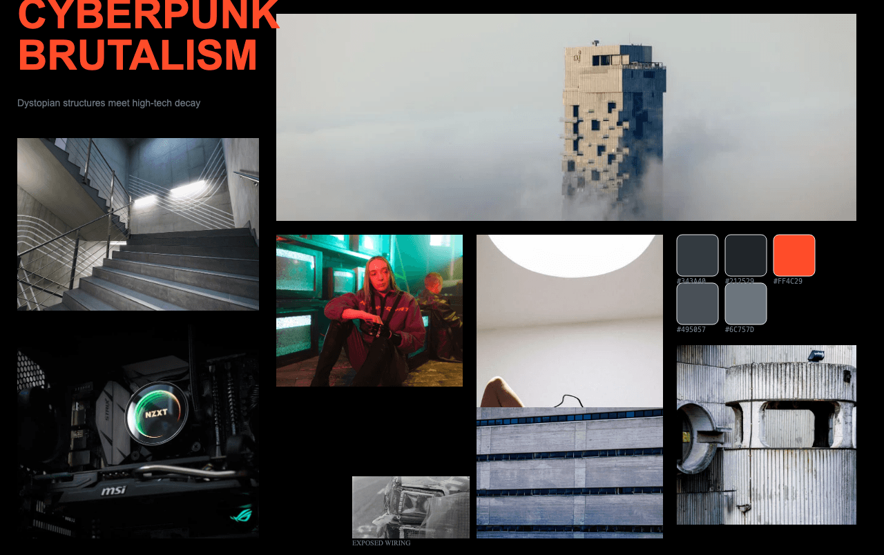 Complete Cyberpunk Brutalism moodboard layout with reference images and color palette
