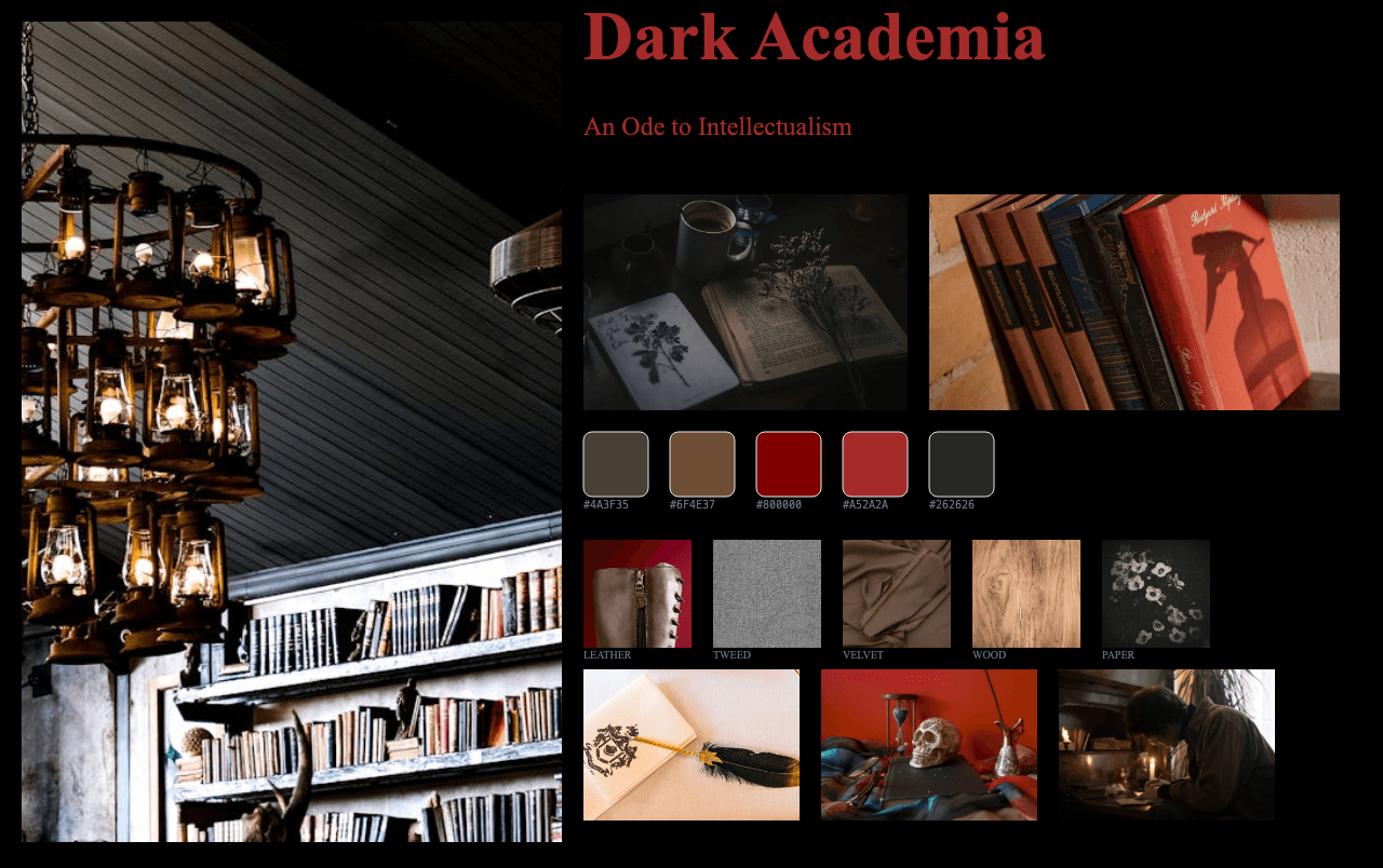 Complete Dark Academia moodboard layout with reference images and color palette