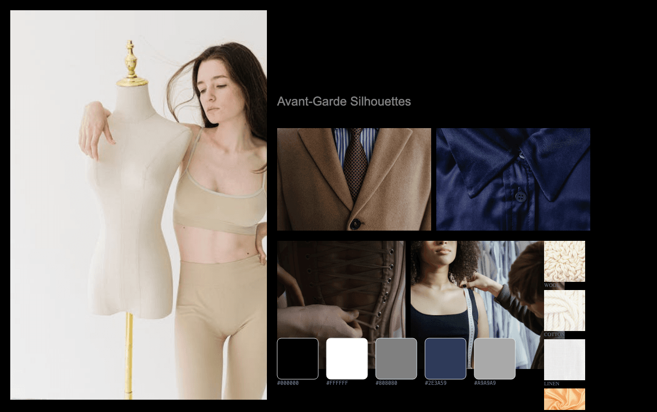 Complete Deconstructed Tailoring moodboard layout with reference images and color palette