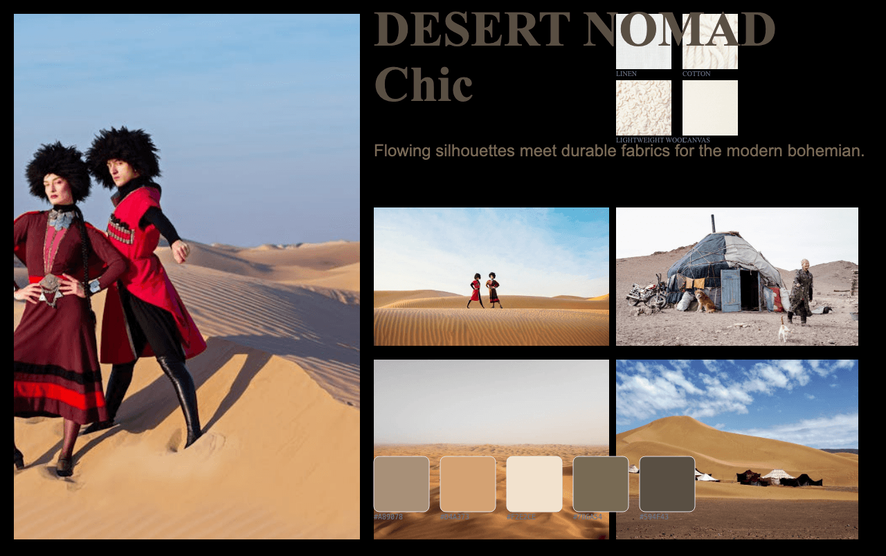 Complete Desert Nomad Chic moodboard layout with reference images and color palette