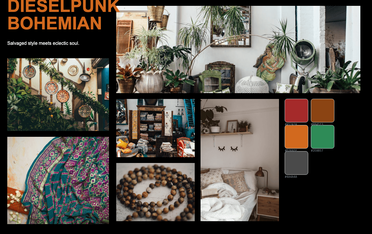 Complete Dieselpunk Bohemian moodboard layout with reference images and color palette