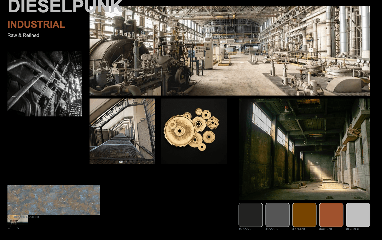 Complete Dieselpunk Industrial moodboard layout with reference images and color palette