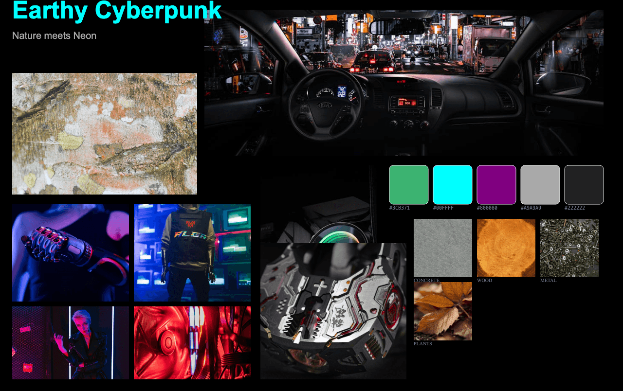 Complete Earthy Cyberpunk moodboard layout with reference images and color palette