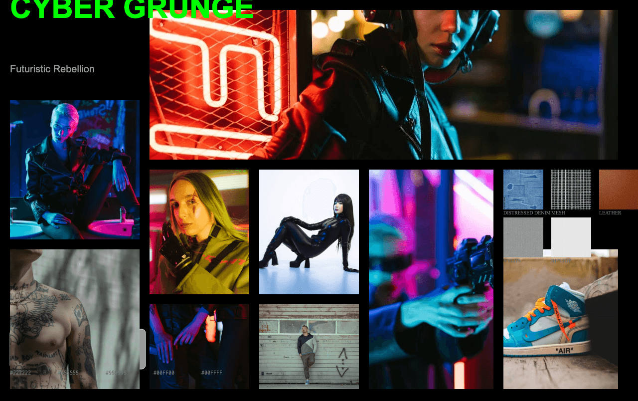 Complete Cyber Grunge moodboard layout with reference images and color palette