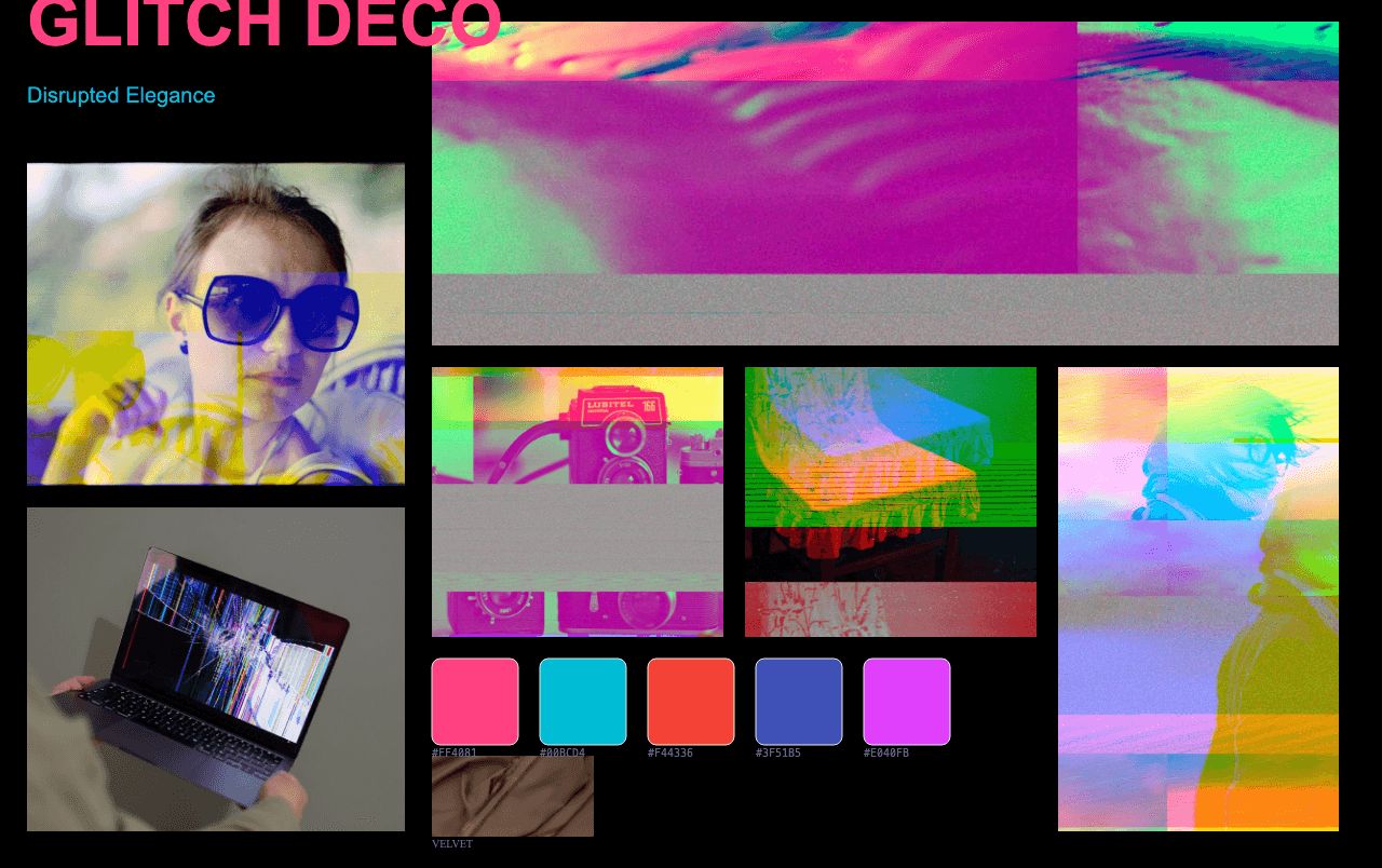 Complete Glitch Deco moodboard layout with reference images and color palette