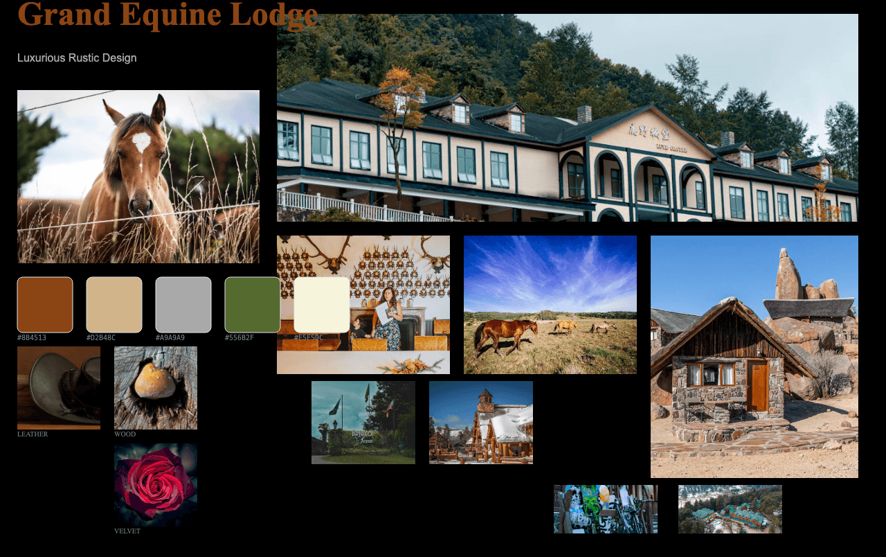Complete Grand Equine Lodge moodboard layout with reference images and color palette