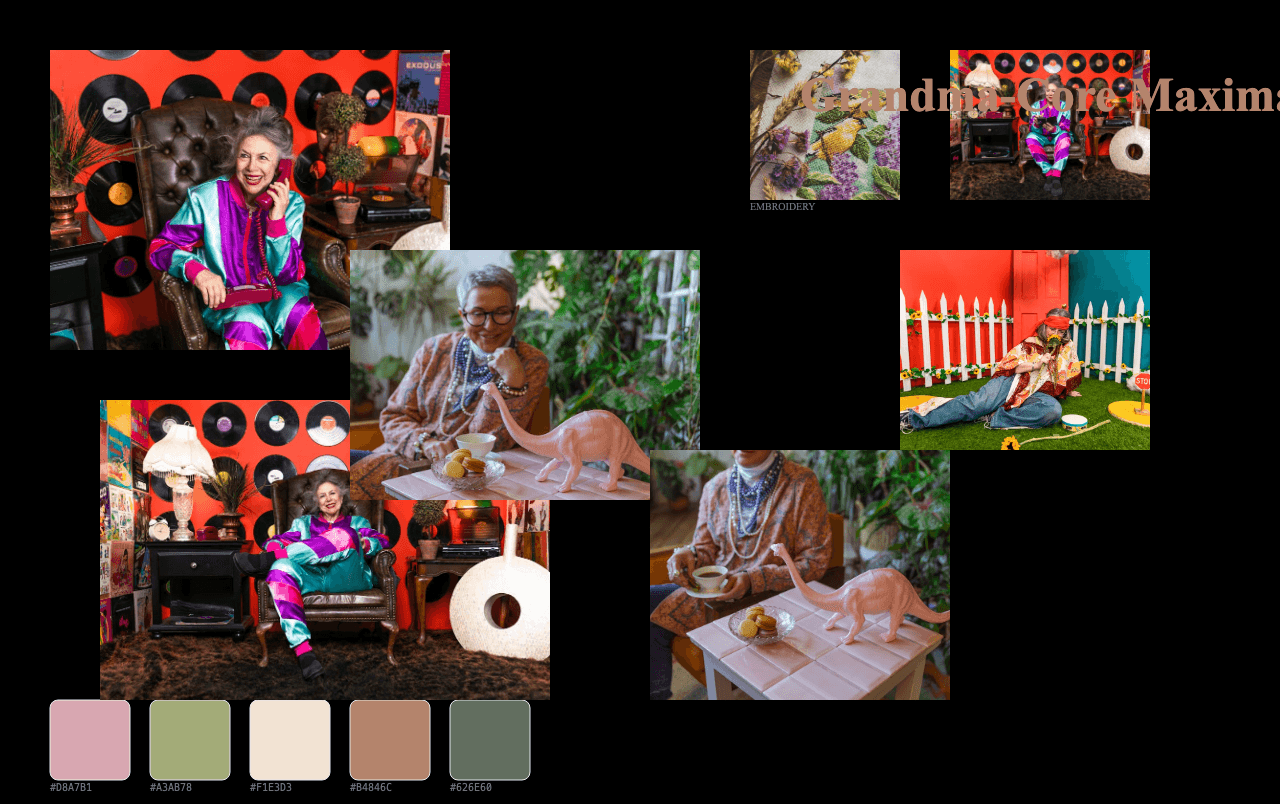 Complete Grandma-Core Maximalism moodboard layout with reference images and color palette