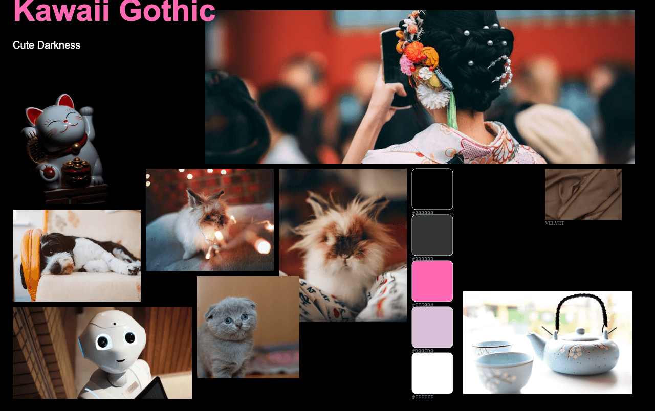 Complete Kawaii Gothic moodboard layout with reference images and color palette