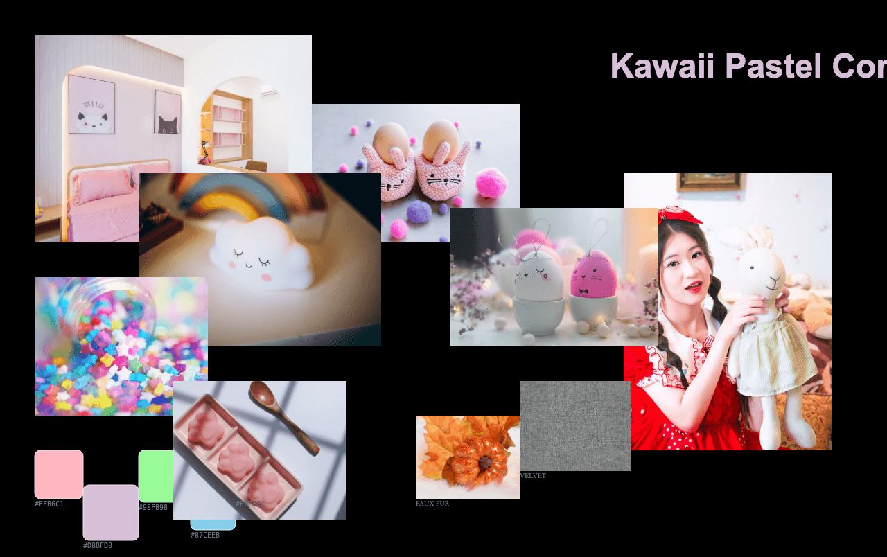 Complete Kawaii Pastel Core moodboard layout with reference images and color palette