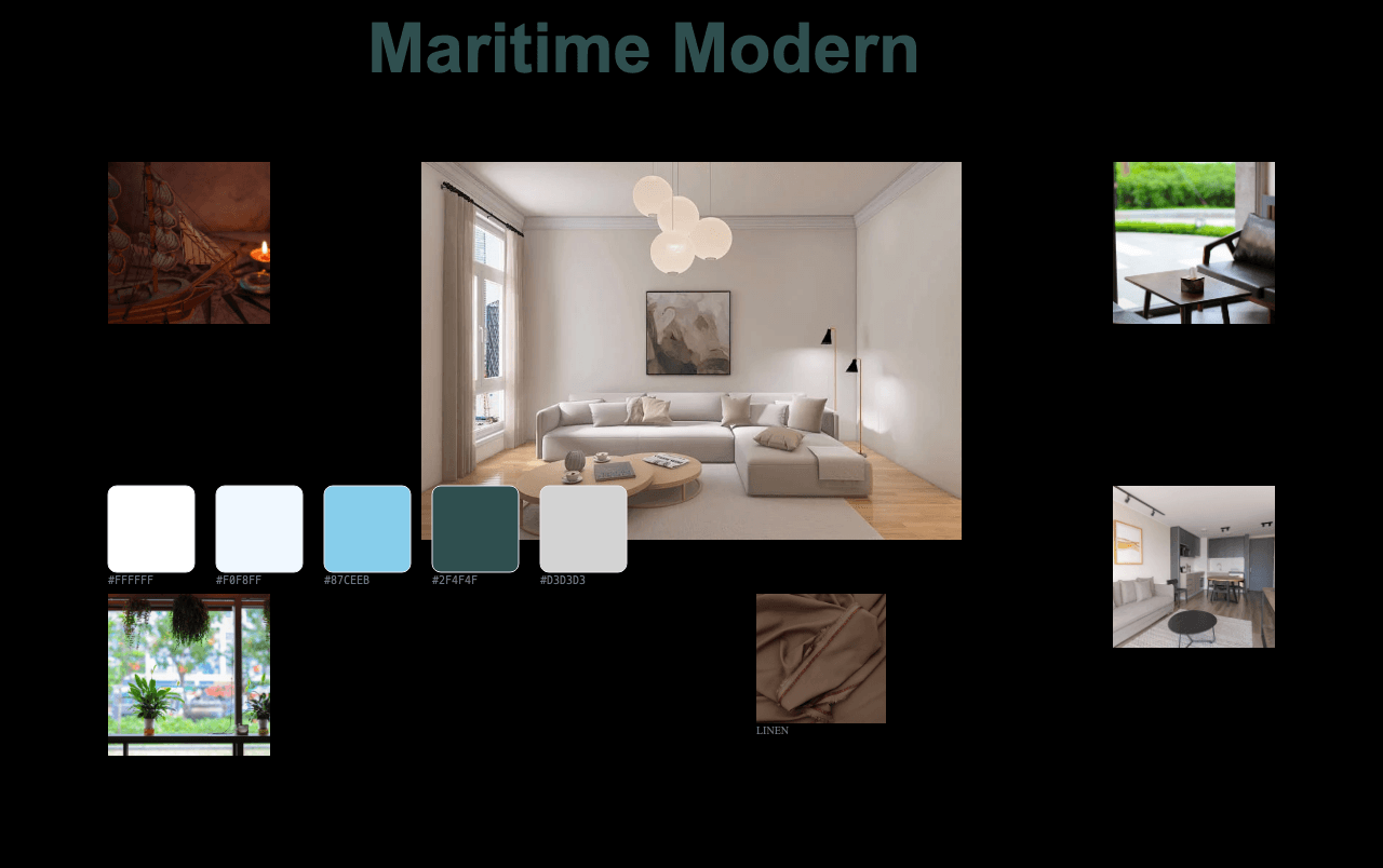 Complete Maritime Modern moodboard layout with reference images and color palette