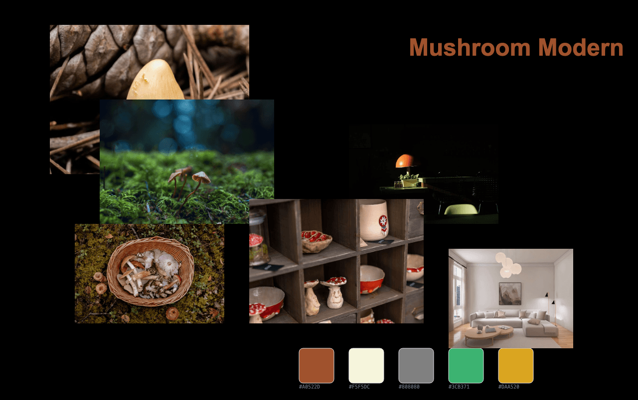Complete Mushroom Modern moodboard layout with reference images and color palette