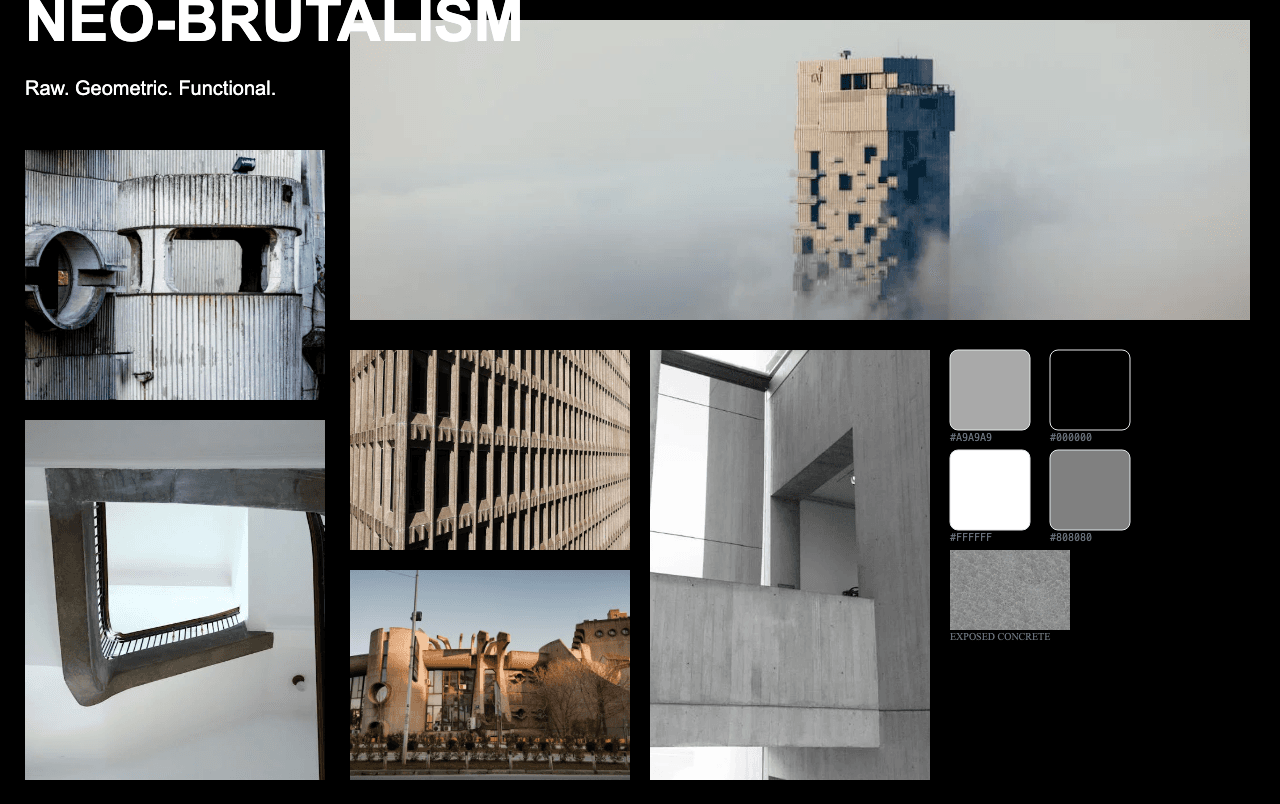 Complete Neo-Brutalism moodboard layout with reference images and color palette