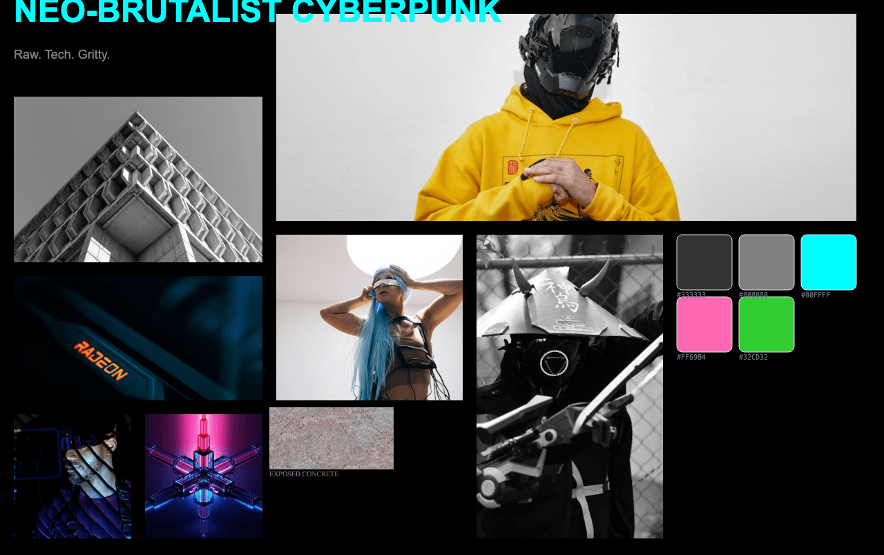 Complete Neo-Brutalist Cyberpunk moodboard layout with reference images and color palette