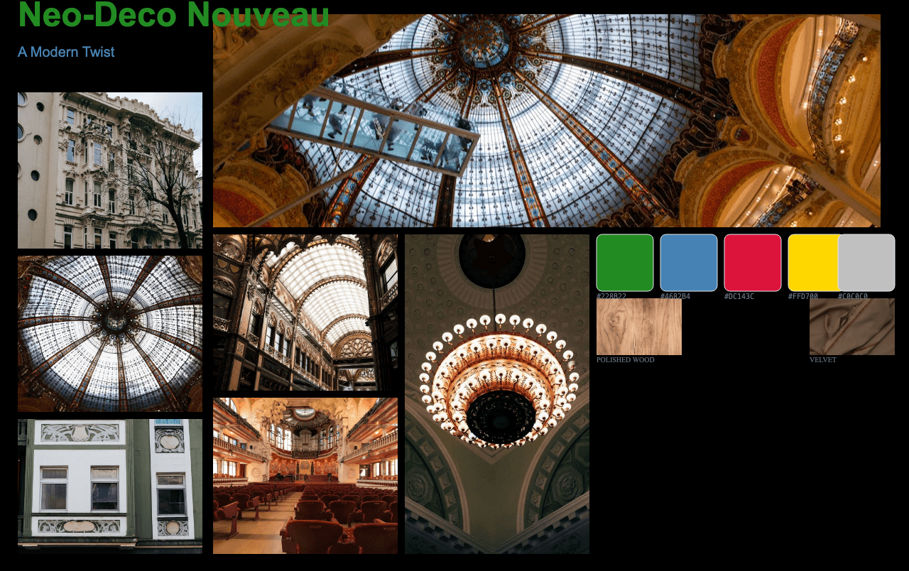 Complete Neo-Deco Nouveau moodboard layout with reference images and color palette