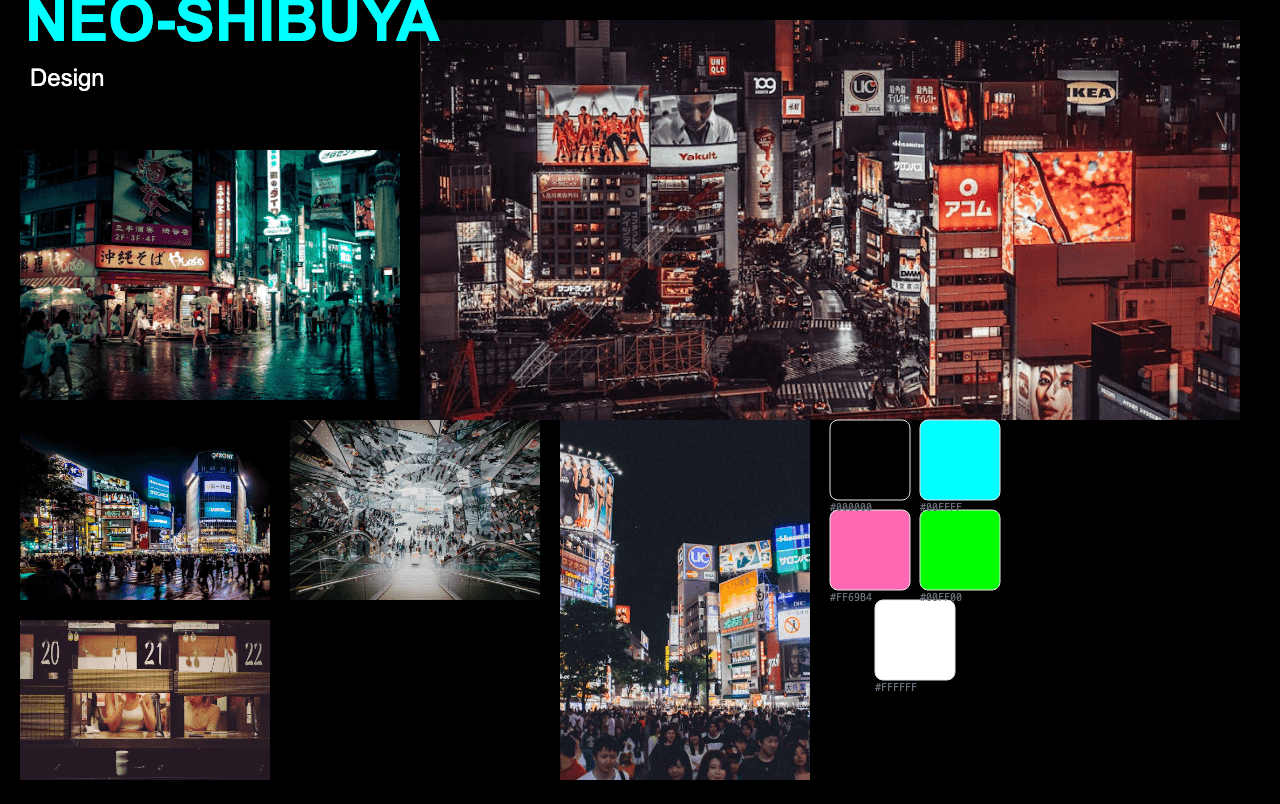 Complete Neo-Shibuya Design moodboard layout with reference images and color palette