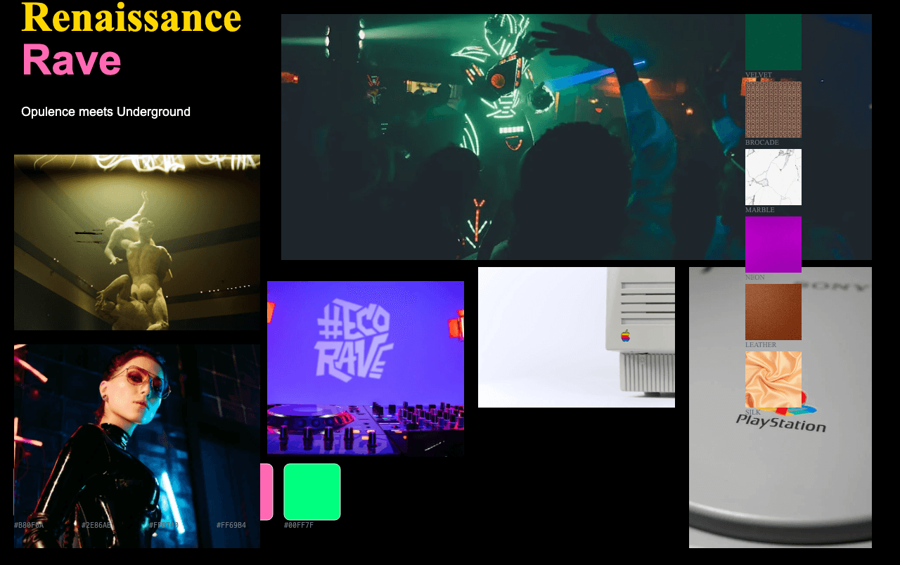 Complete Renaissance Rave moodboard layout with reference images and color palette