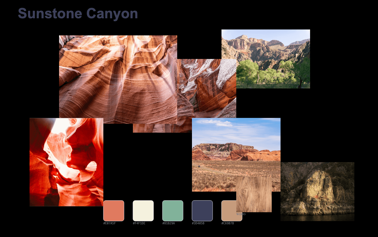 Complete Sunstone Canyon Design moodboard layout with reference images and color palette
