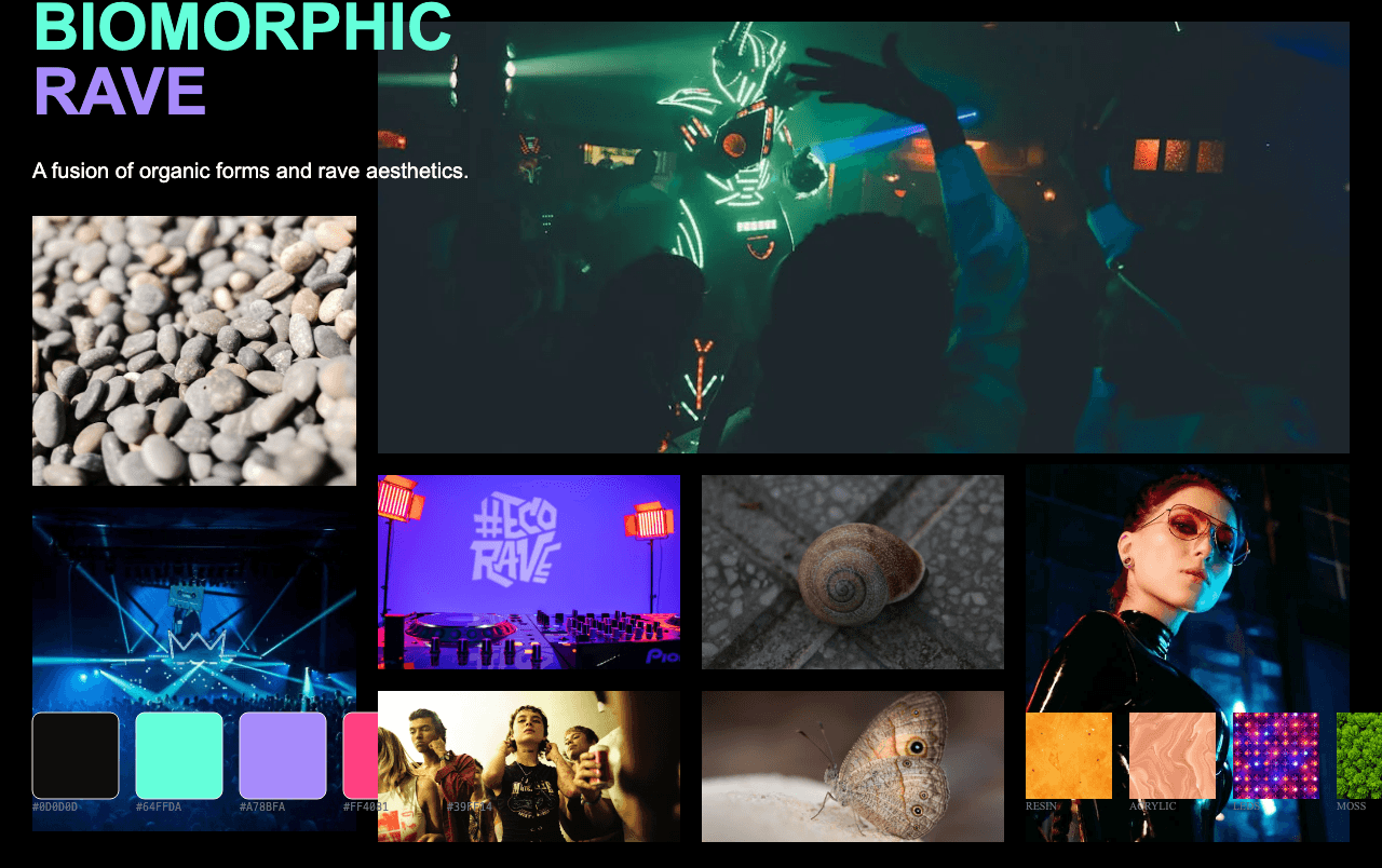 Complete Biomorphic Rave moodboard layout with reference images and color palette