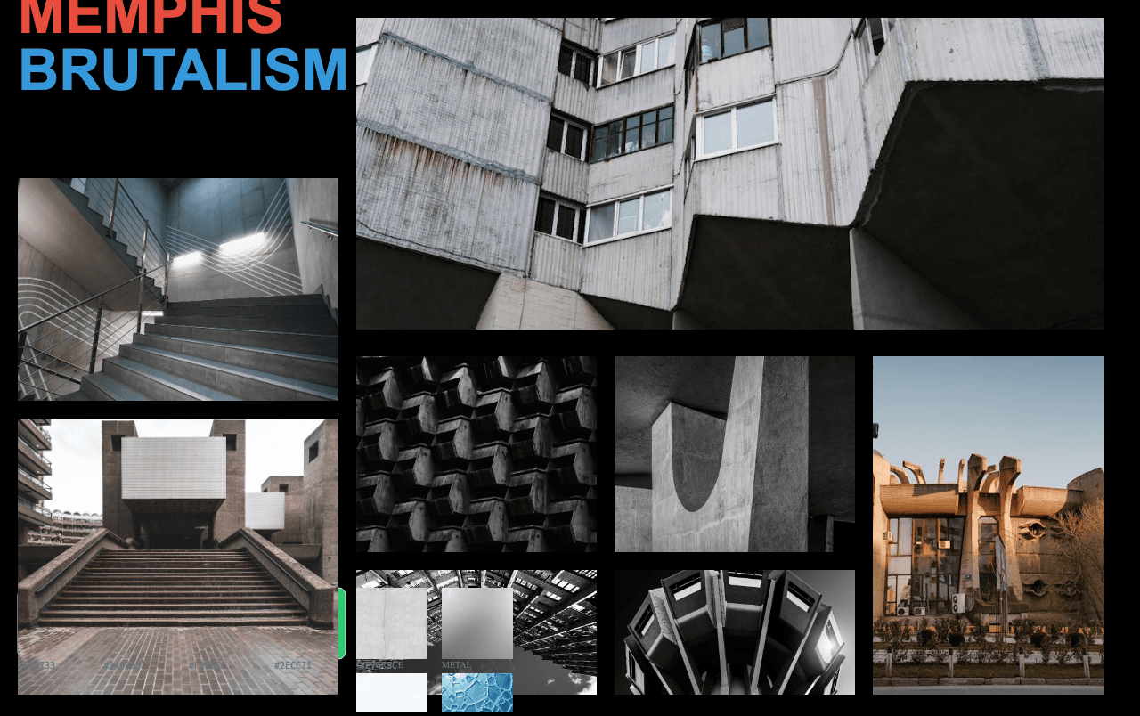 Complete Memphis Brutalism moodboard layout with reference images and color palette
