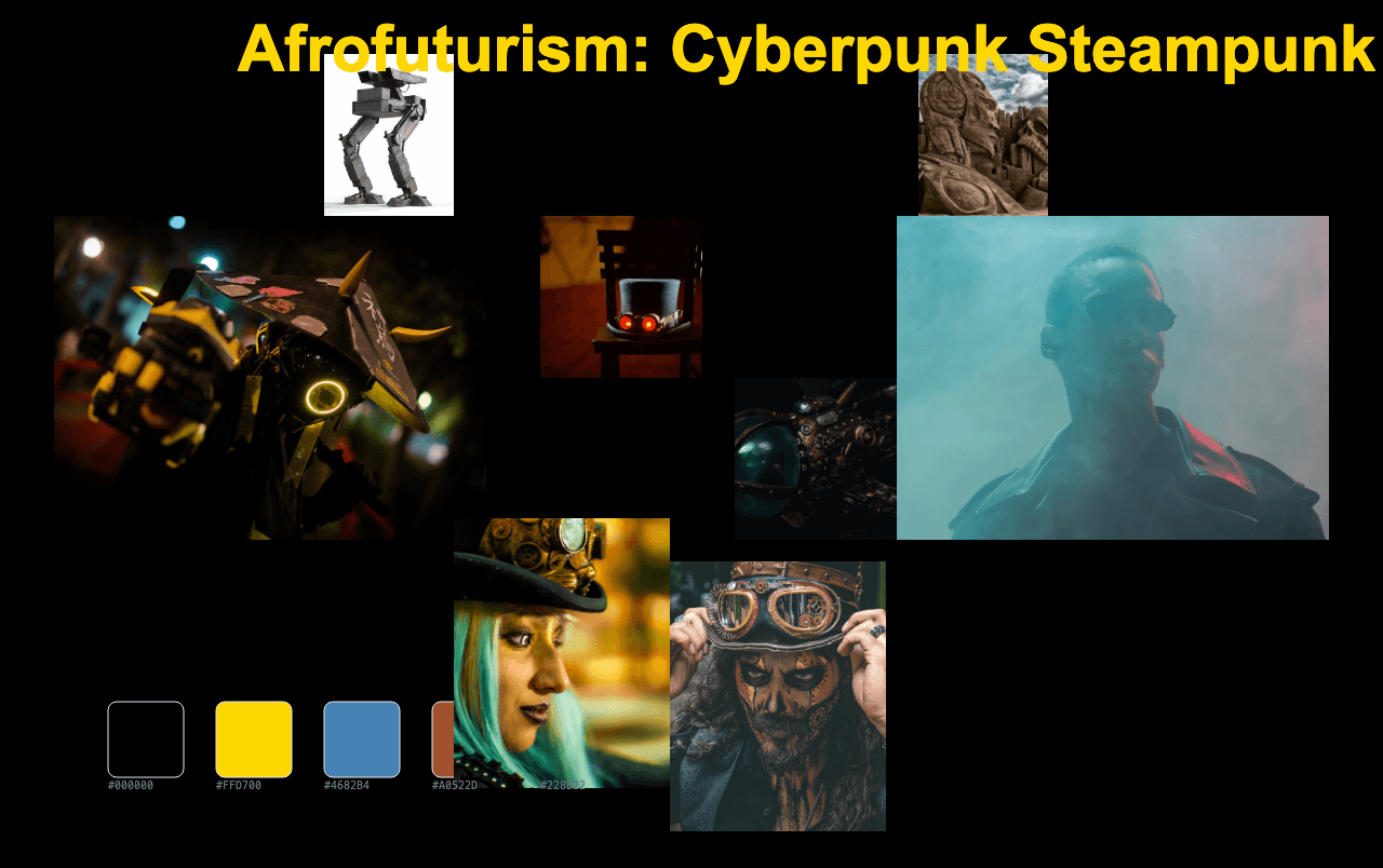 Complete Afrofuturism Cyberpunk Steampunk moodboard layout with reference images and color palette