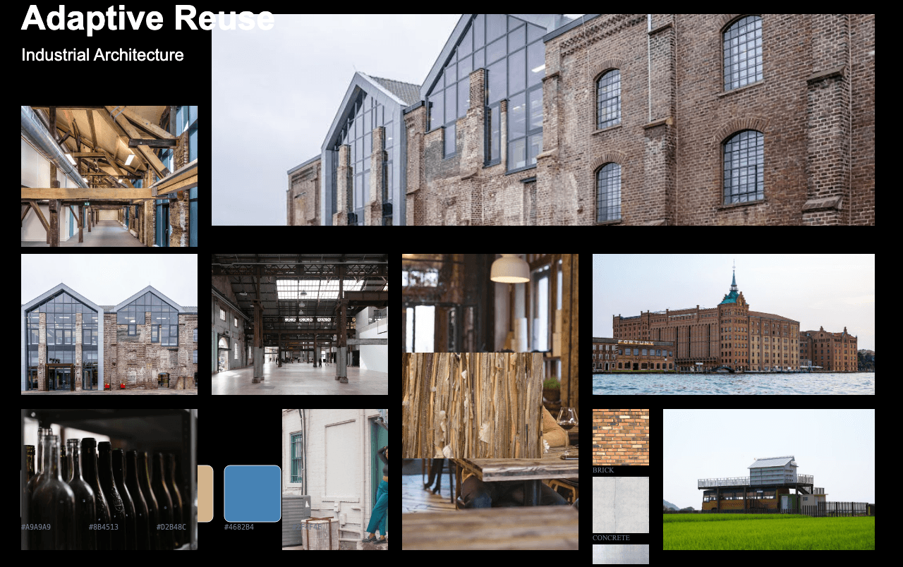 Complete Adaptive Reuse Industrial Architecture moodboard layout with reference images and color palette