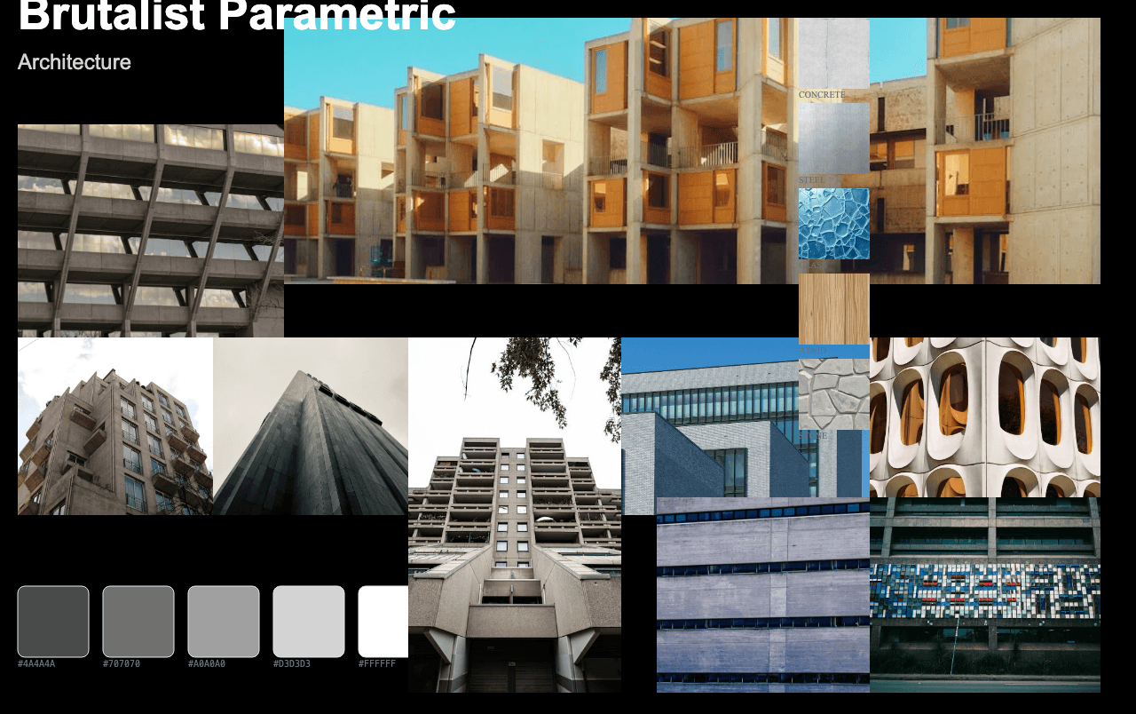 Complete Brutalist Parametric Architecture moodboard layout with reference images and color palette