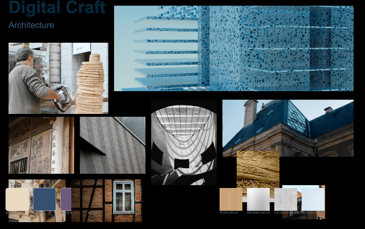 Complete Digital Craft Architecture moodboard layout with reference images and color palette