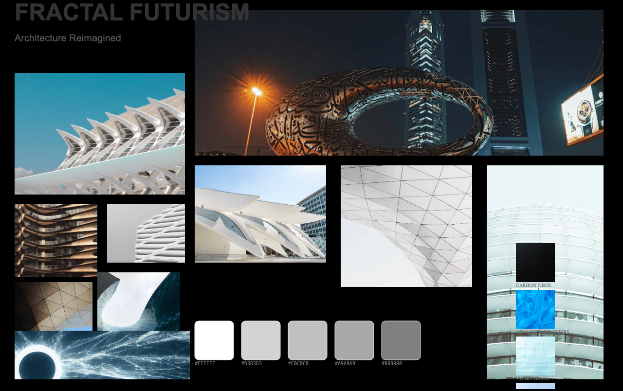 Complete Fractal Futurism Architecture moodboard layout with reference images and color palette