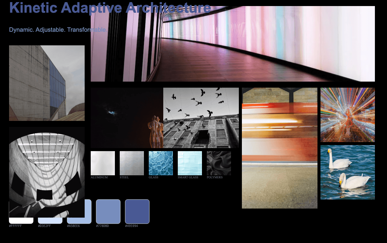 Complete Kinetic Adaptive Architecture moodboard layout with reference images and color palette