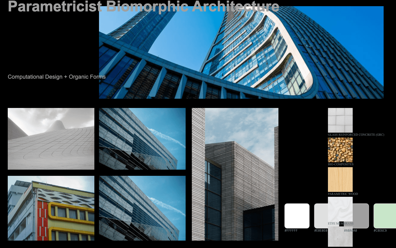 Complete Parametricist Biomorphic Architecture moodboard layout with reference images and color palette