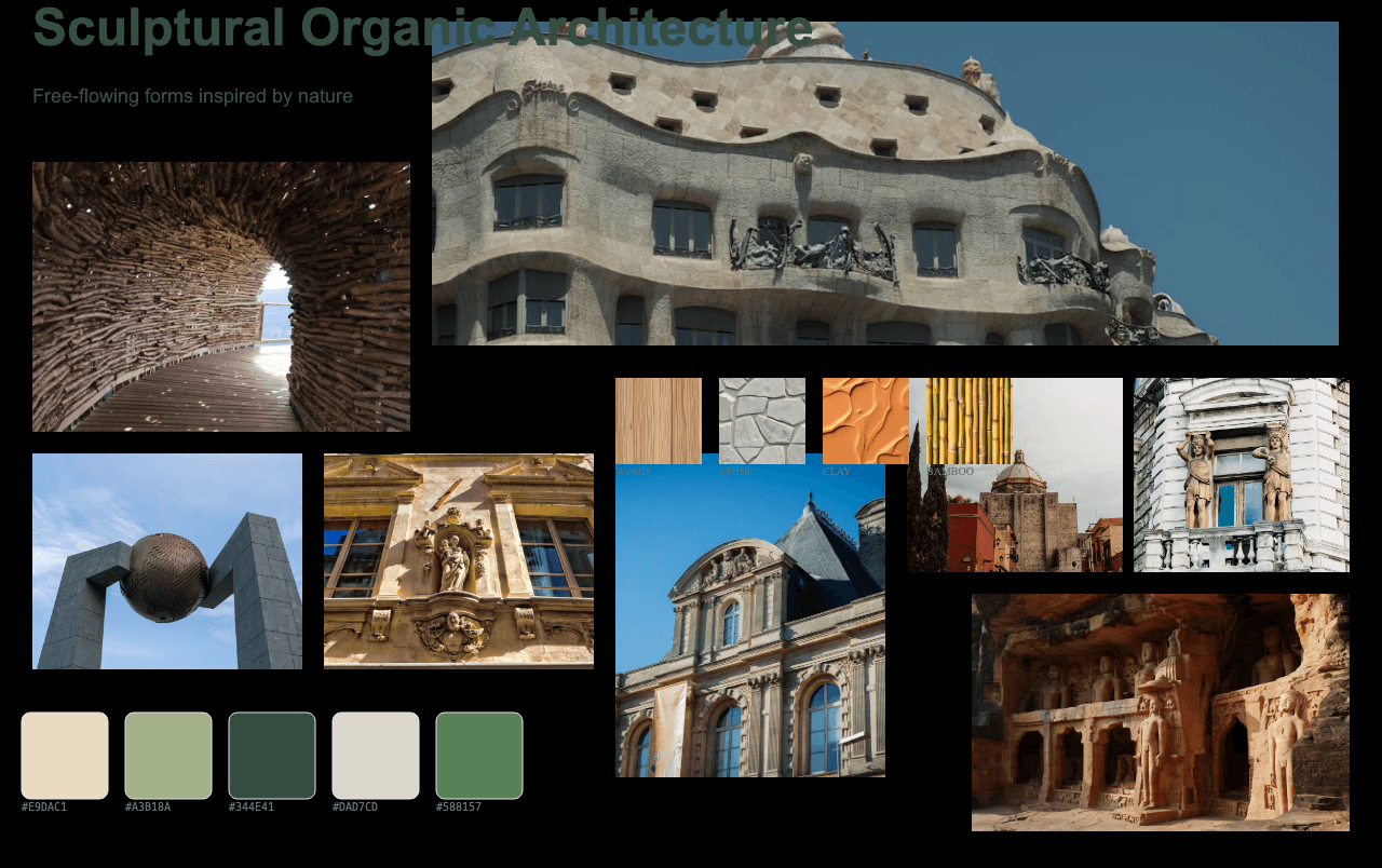 Complete Sculptural Organic Architecture moodboard layout with reference images and color palette