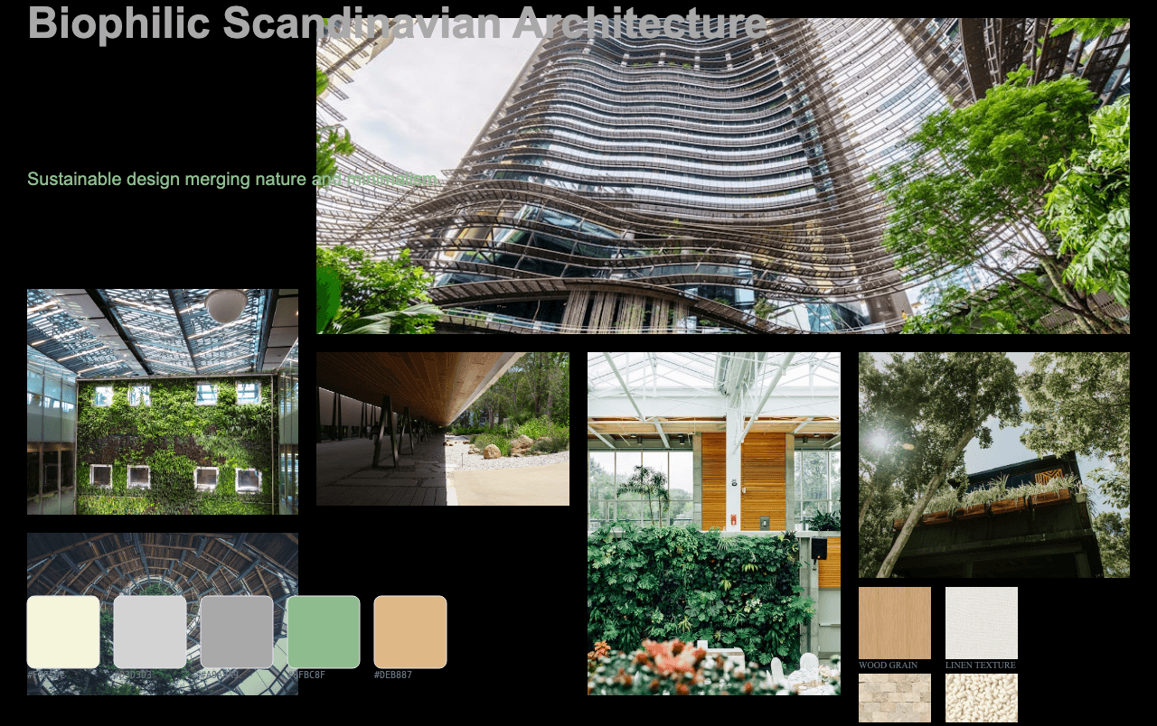 Complete Sustainable Biophilic Scandinavian Architecture moodboard layout with reference images and color palette