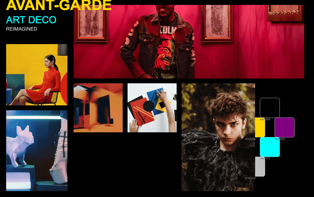 Complete Avant-Garde Art Deco moodboard layout with reference images and color palette