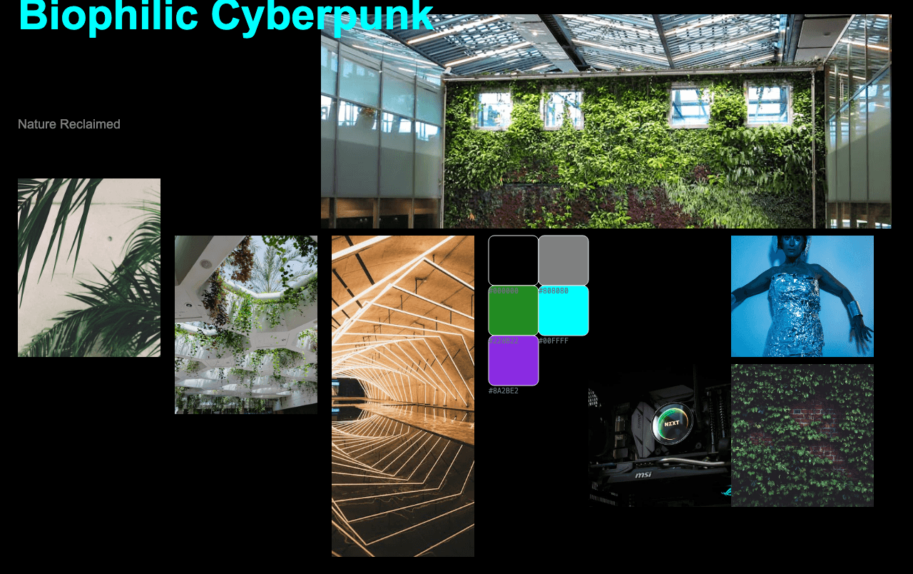 Complete Biophilic Cyberpunk moodboard layout with reference images and color palette