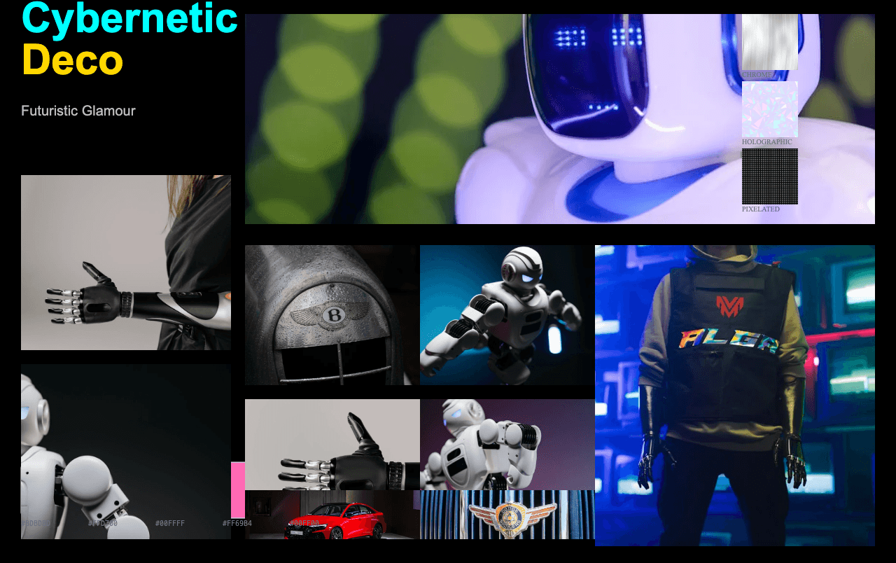 Complete Cybernetic Deco moodboard layout with reference images and color palette