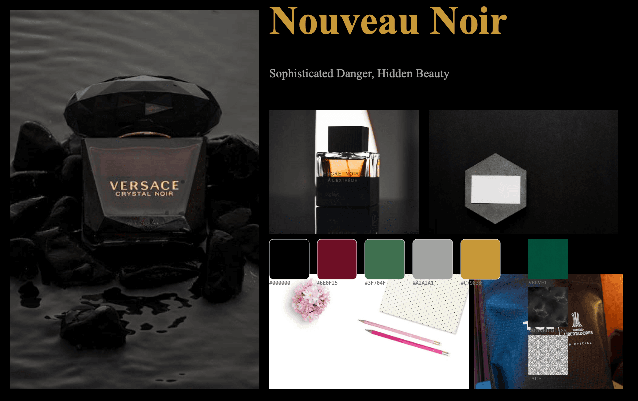 Complete Nouveau Noir moodboard layout with reference images and color palette