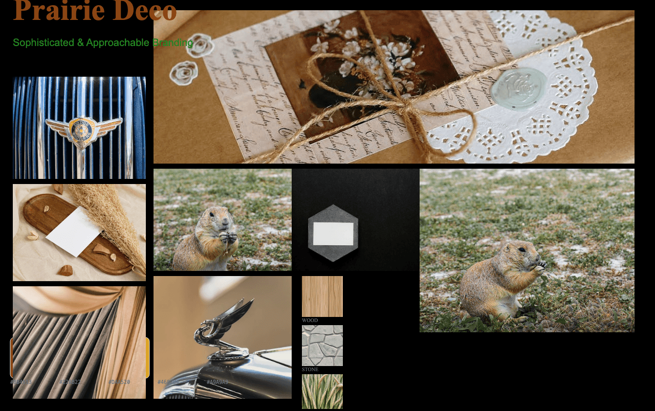 Complete Prairie Deco moodboard layout with reference images and color palette