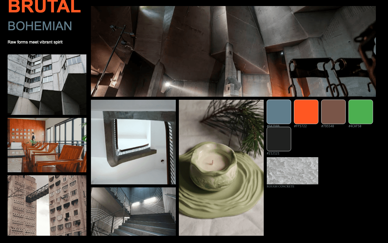 Complete Brutal Bohemian moodboard layout with reference images and color palette