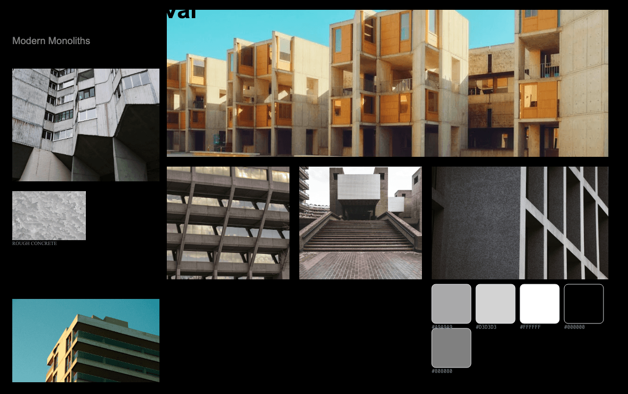 Complete Brutalist Revival Design moodboard layout with reference images and color palette