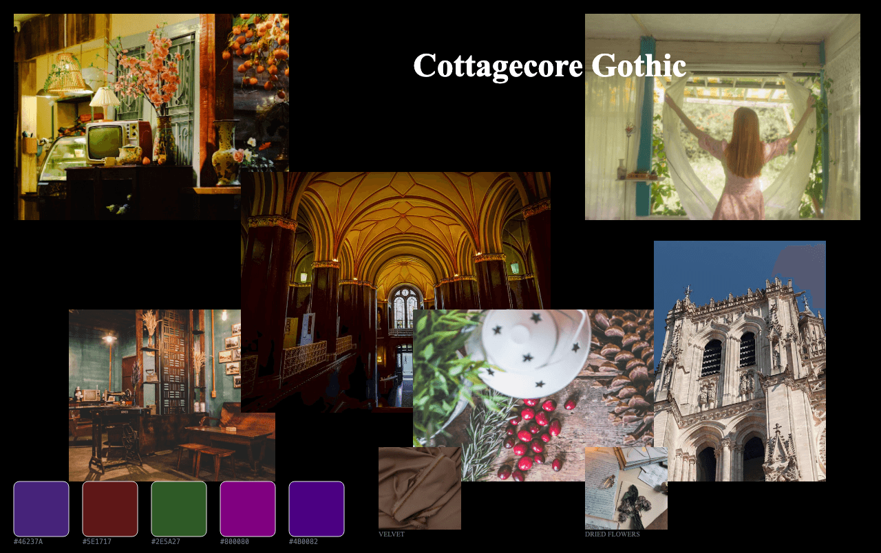 Complete Cottagecore Gothic moodboard layout with reference images and color palette