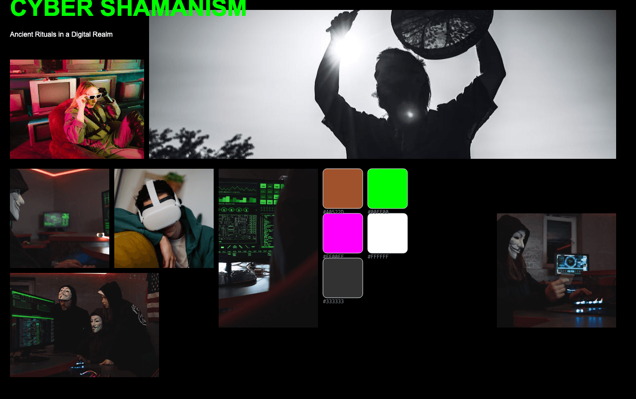 Complete Cyber Shamanism moodboard layout with reference images and color palette