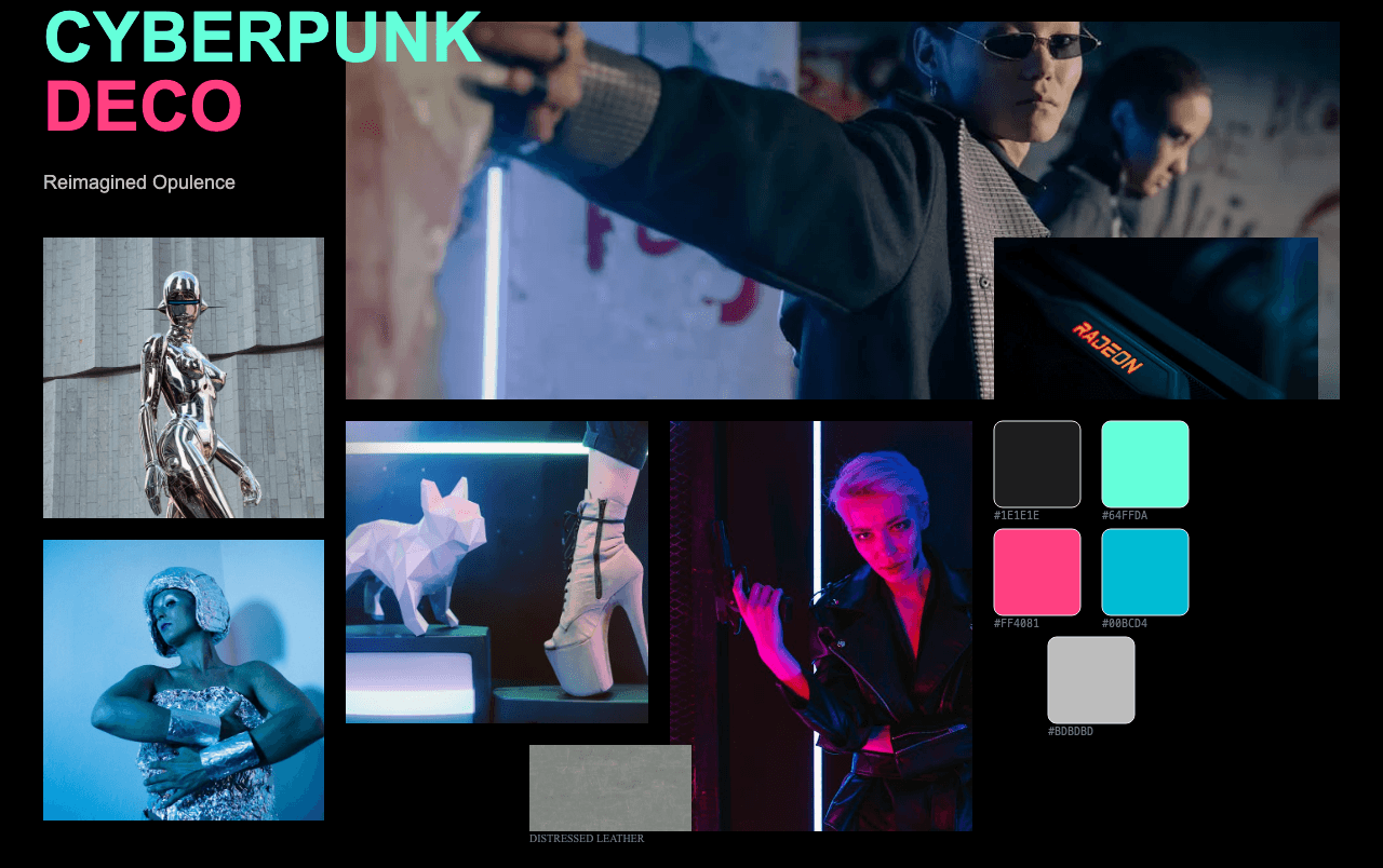 Complete Cyberpunk Deco moodboard layout with reference images and color palette