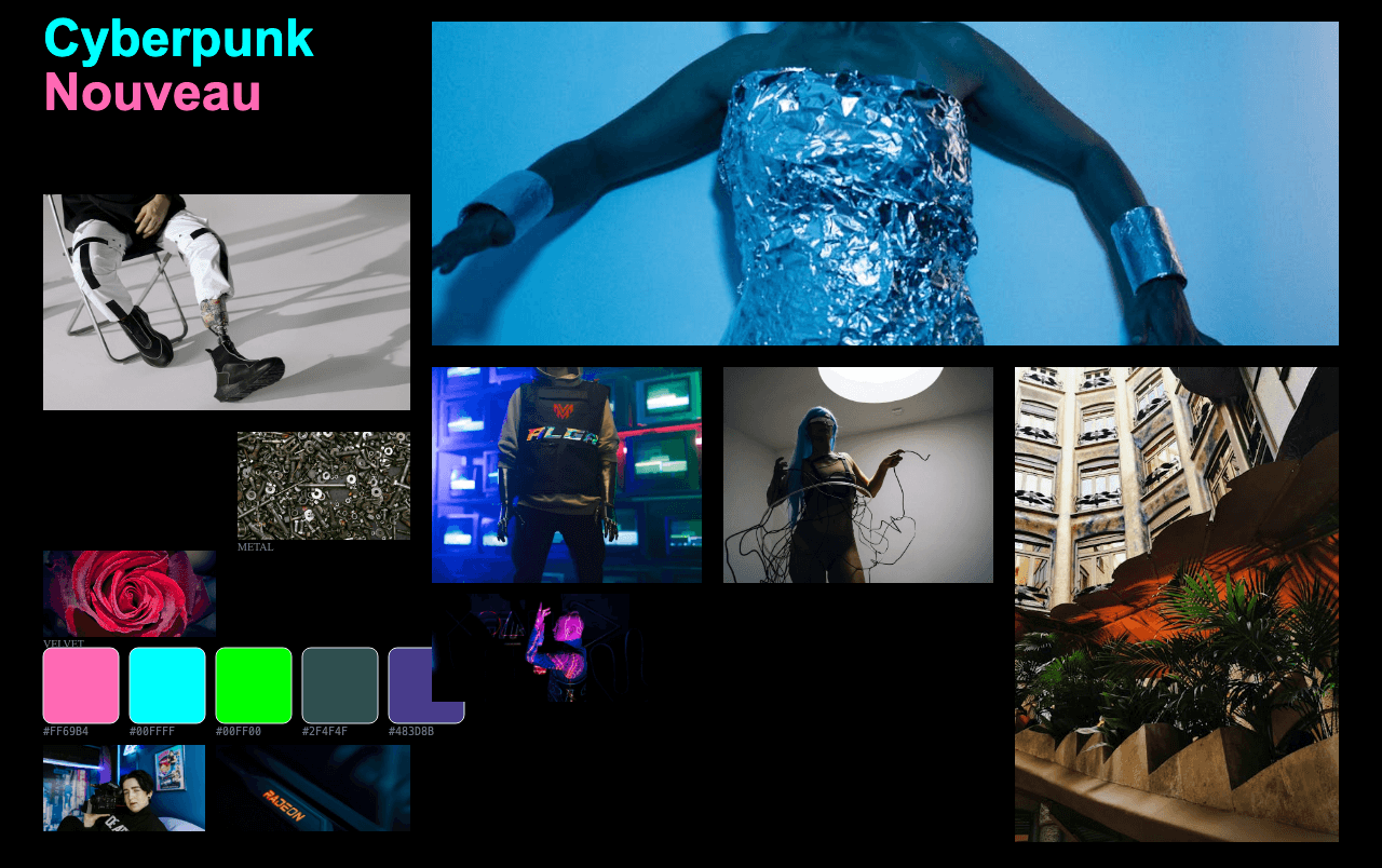 Complete Cyberpunk Nouveau moodboard layout with reference images and color palette