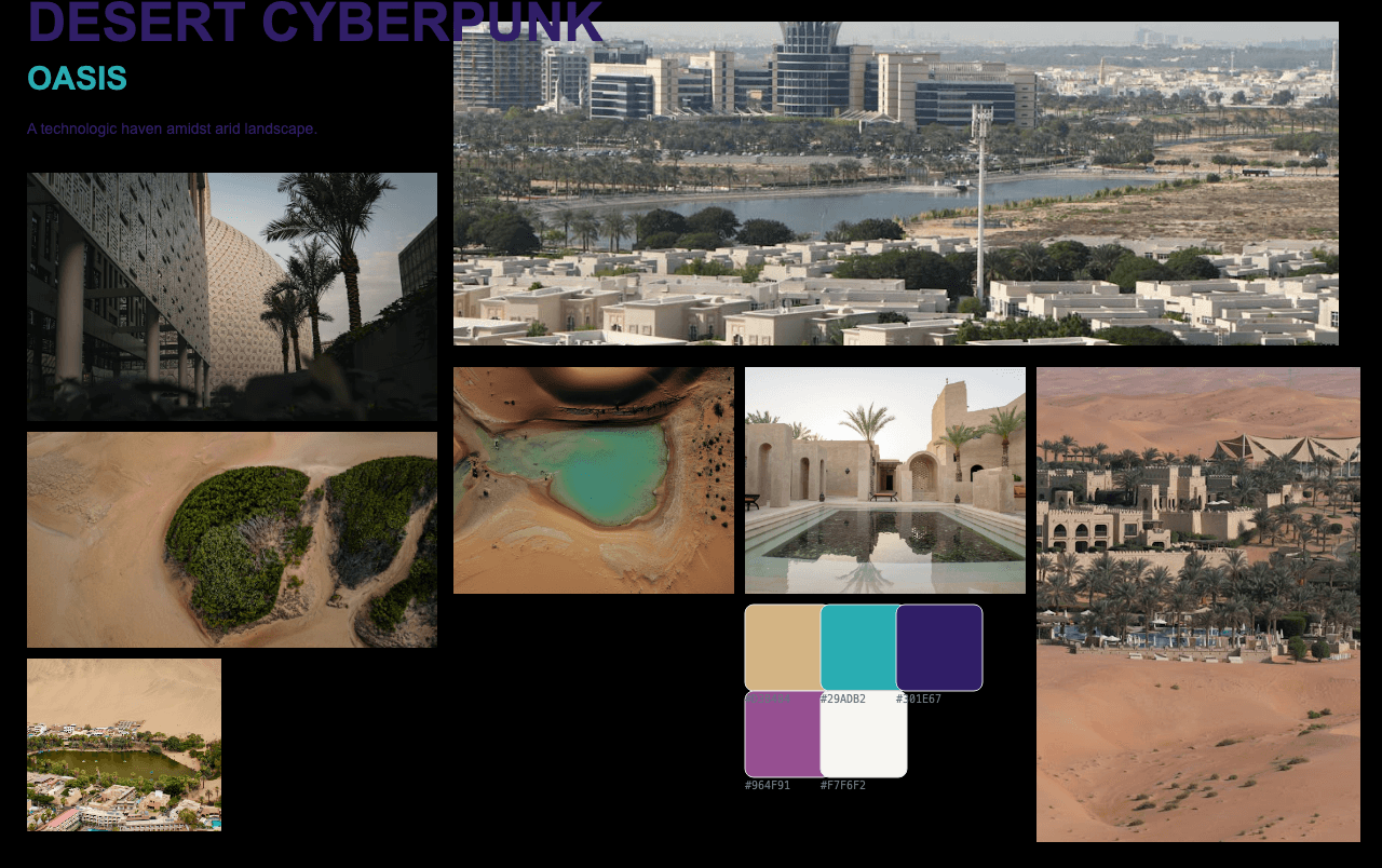 Complete Desert Cyberpunk Oasis moodboard layout with reference images and color palette
