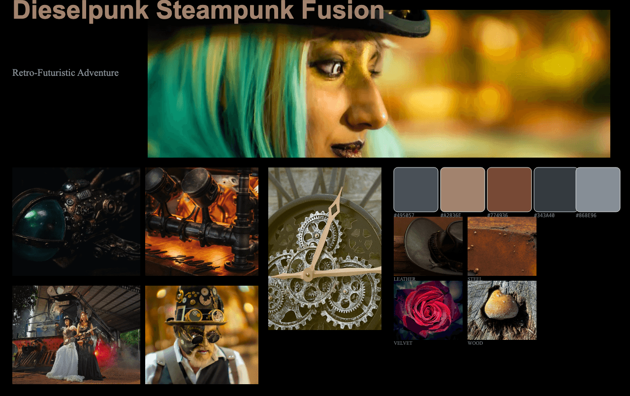 Complete Dieselpunk Steampunk Fusion moodboard layout with reference images and color palette