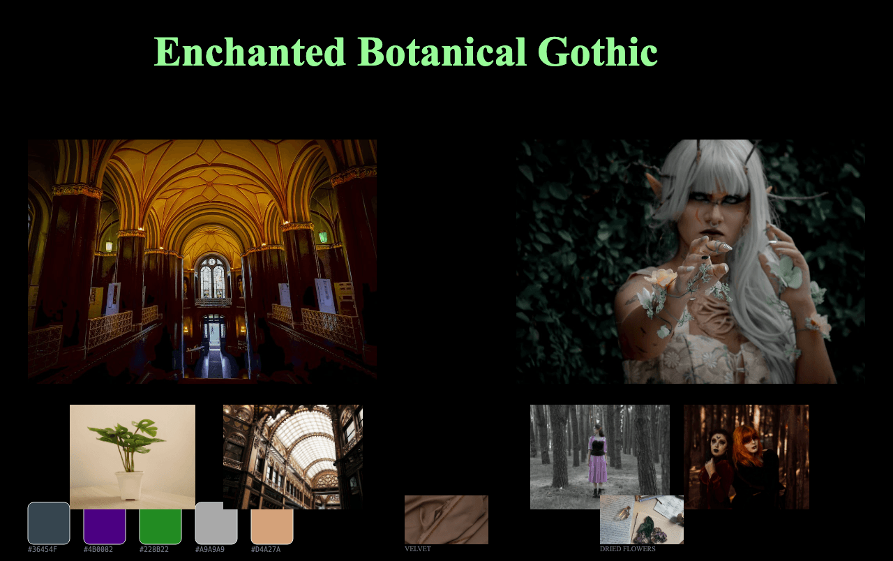Complete Enchanted Botanical Gothic moodboard layout with reference images and color palette