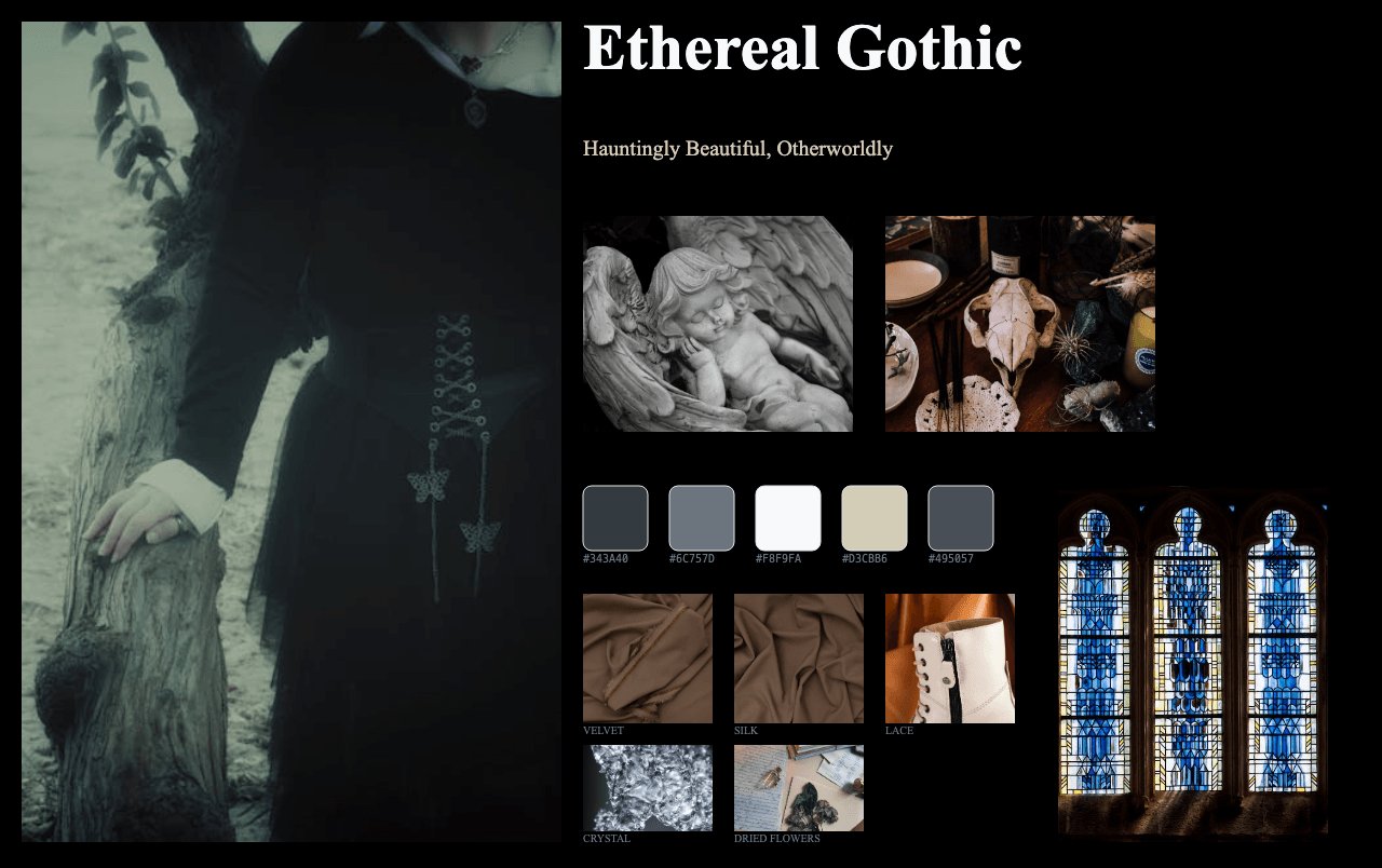 Complete Ethereal Gothic moodboard layout with reference images and color palette